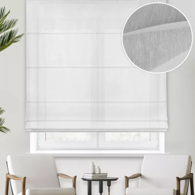 Roleta rzymska biała półprzezroczysta, matowa, o niestandardowej wysokości 360cm, z tkaniny typu batyst, wykończona obciążnikiem