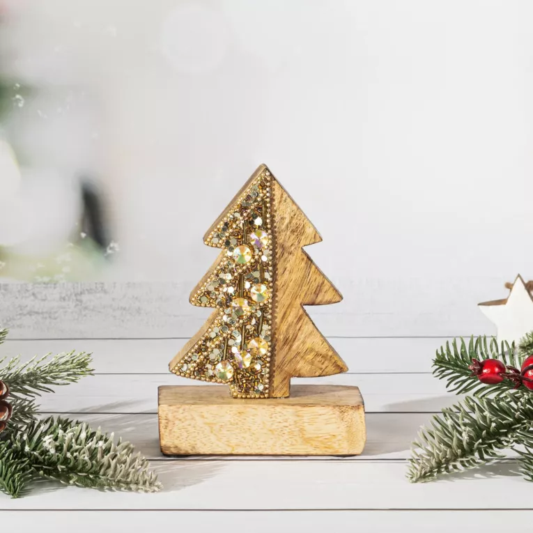 Figurka drewniana CHOINKA w połowie zdobiona koralikami i  lśniącym brokatem