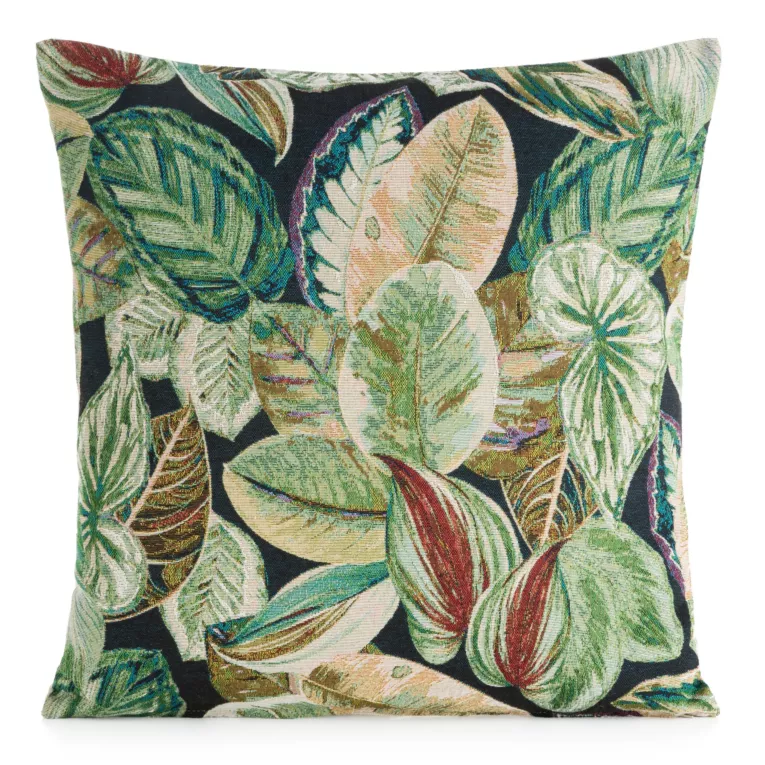 Poszewka na poduszkę 45x45 cm zielono, czarna żakardowa z motywem liści GOBELIN