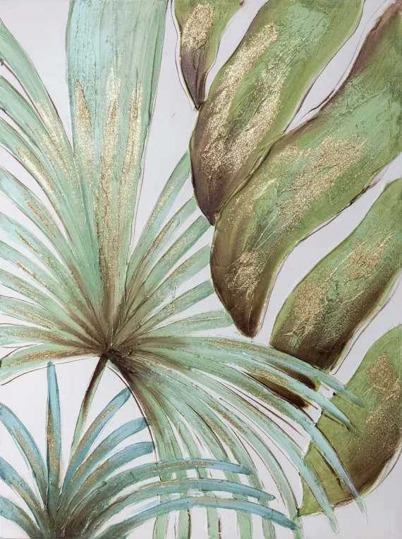 Obraz NATURA ręcznie malowany na płótnie, egzotyczne zielone liście ze złotymi akcentami