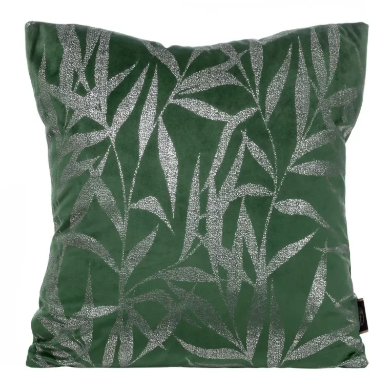 Poszewka na poduszkę 45x45 cm welwetowa kolor ciemnozielony ze złocistym nadrukiem liści BLINK 22
