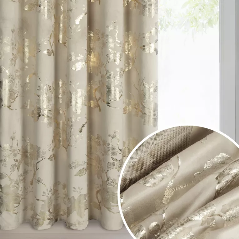 Zasłona beżowo, szampańska zdobiona nadrukiem błyszczących kwiatów 140x270 cm taśma - CELIA
