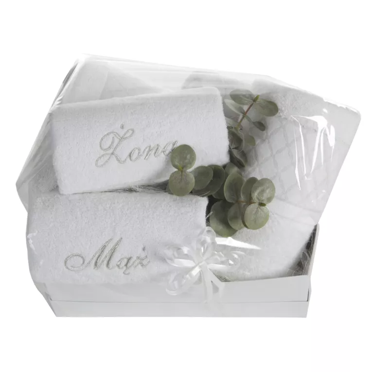 Zestaw ręczników bawełnianych na prezent 2 szt 30x50 cm, 2 szt 50x90 cm, 2szt 70x140 cm kolor biały z subtelnym haftem ŻONA MĄŻ