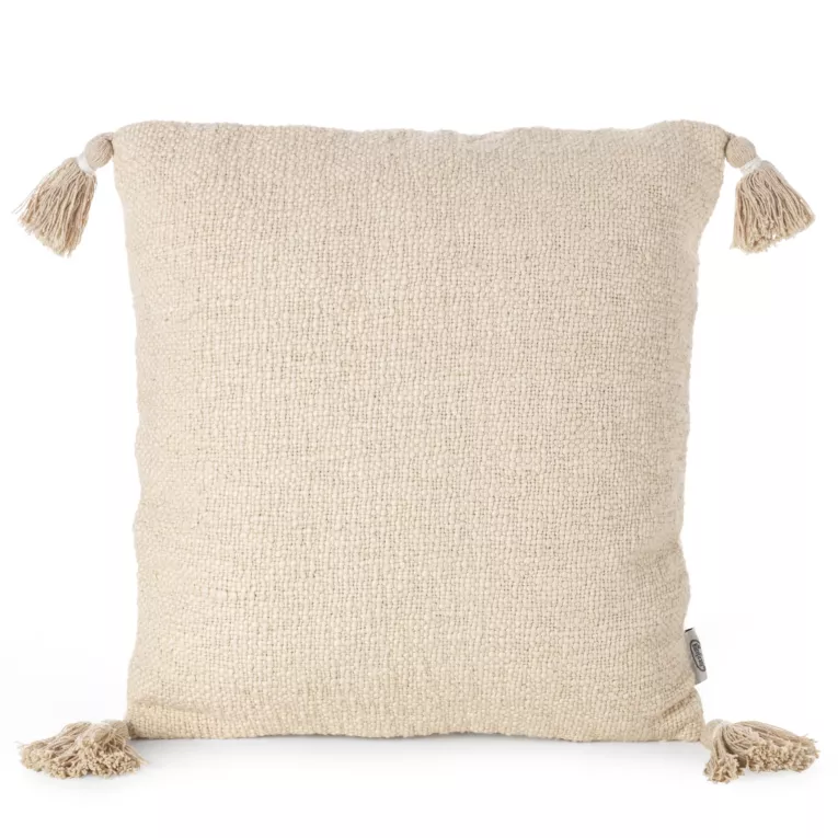 Poszewka KIMI w stylu boho z bawełnianej tkaniny o strukturalnym splocie z chwostami na rogach