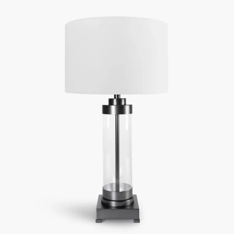 Lampa stołowa do pokoju biało, czarna CLARA o prostej szklanej podstawie