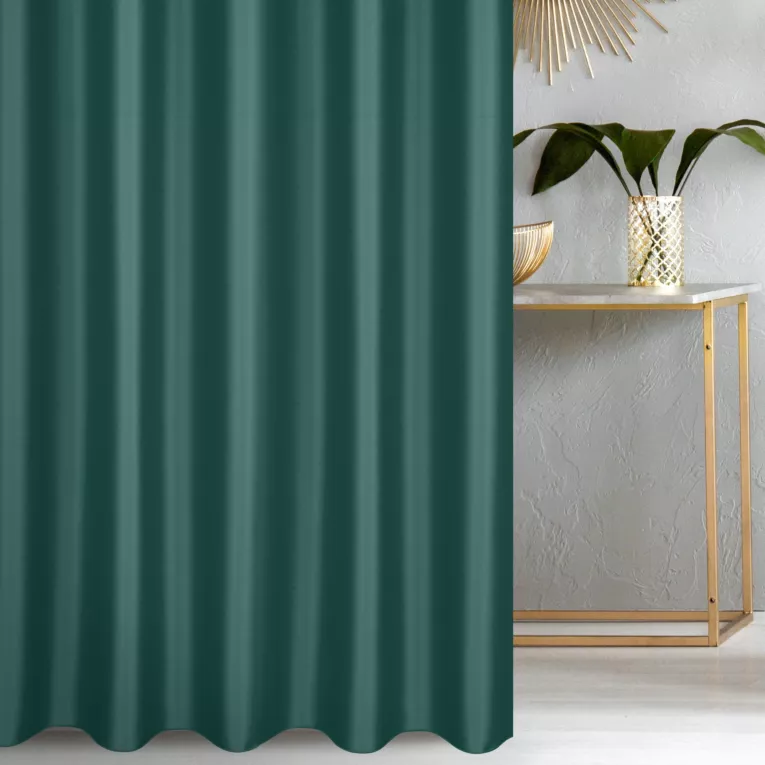 Zasłona szyta na taśmie 5 cm turkusowa z gładkiej tkaniny zaciemniającej typu dimout wykończona obciążnikiem