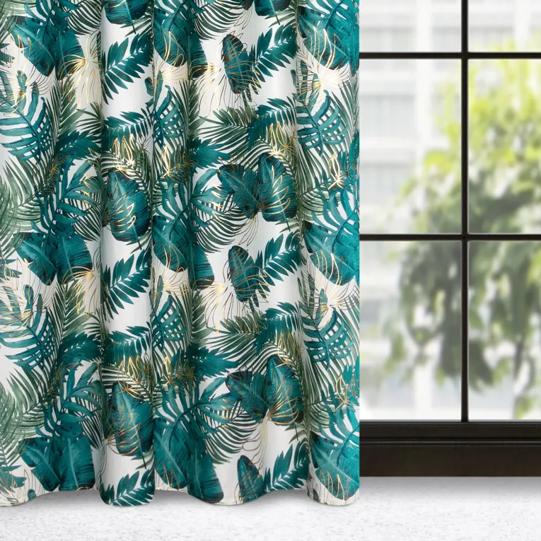 Zasłona welwetowa biało, zielona ze wzorem egzotycznych liści 140x270 cm taśma - DAVOS