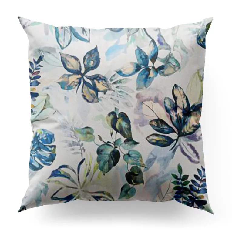 Poszewka szyta niebiesko zielona z tkaniny o naturalnym splocie z nadrukowanym kwiatowym wzorem