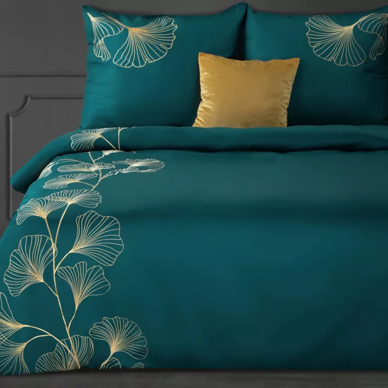 Pościel 220x200 cm z satyny bawełnianej kolor turkusowy haftowana w złote liście miłorzębu HAFT 2 Eurofirany Premium