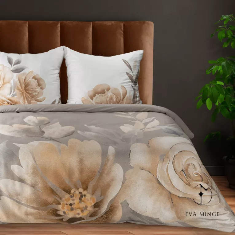 EVA MINGE Komplet pościeli MINGE 6 z najwyższej jakości makosatyny bawełnianej  z nadrukiem malowanych akrylami kwiatów