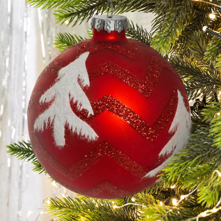 Bombka szklana z choinką i geometrycznym wzorem zdobiona brokatem