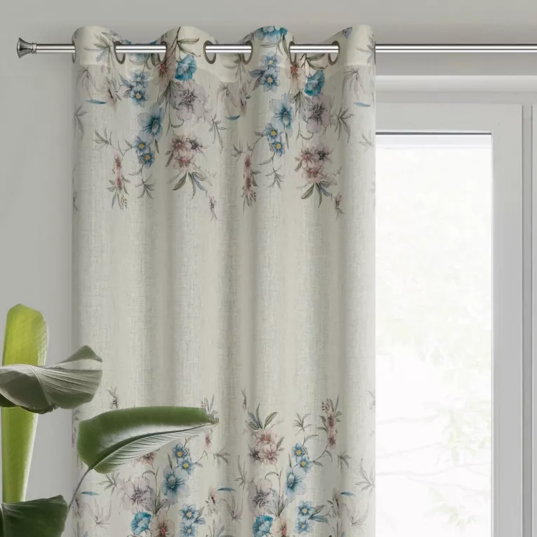 Zasłona naturalno, niebieska zdobiona kwiatami,w stylu eko 140x250 cm przelotka IVY 2