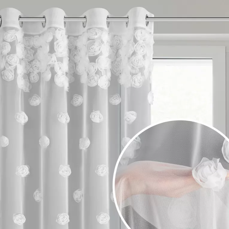 Firana biała z siateczki zdobiona różami 3D 140x250 cm przelotka - DIANA
