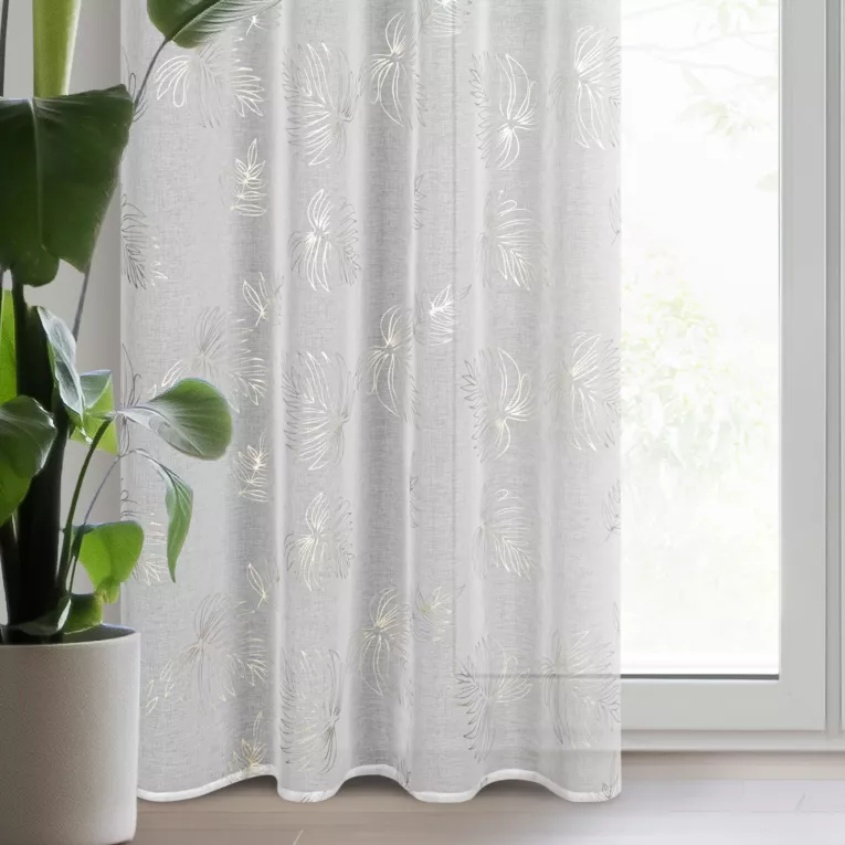 Firana biała z etaminy z delikatnym nadrukiem jasnozłotych palmowych liści 140x250 cm przelotka CAPRI