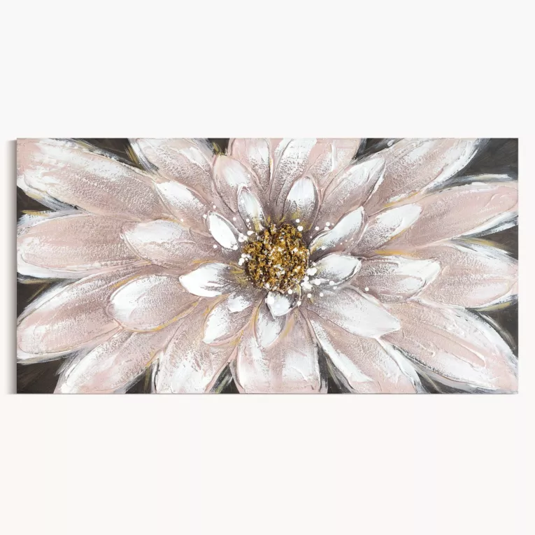 Obraz pudrowo różowy, złoty ręcznie malowany na płótnie z motywem kwiatu 40x80 cm