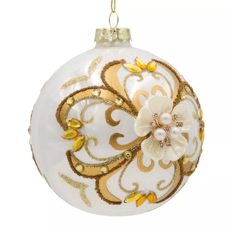 Szklana bombka ręcznie zdobiona  z dodatkiem lśniących kryształków