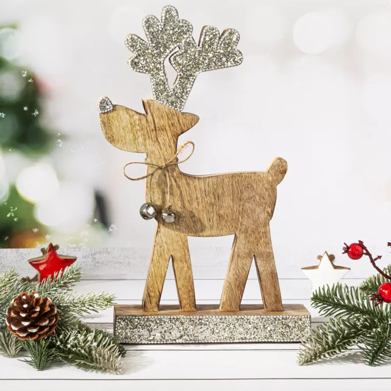 Figurka drewniana uroczy RENIFER z dzwoneczkami i srebrnymi błyszczącymi rogami