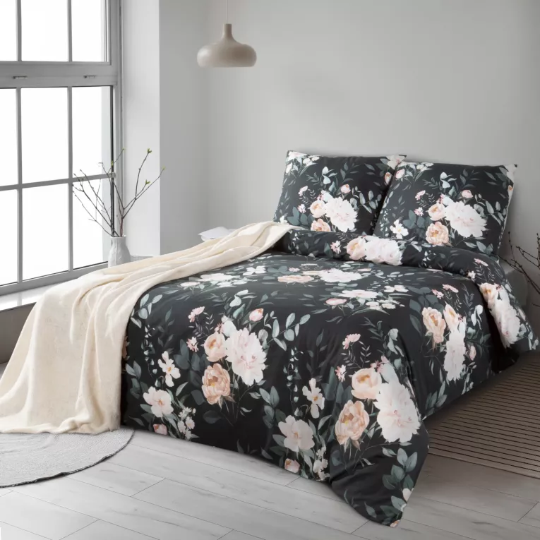 Pościel 160x200 cm bawełna ranforce kolor czarny, szałwiowy z motywem kwiatów ROSITA 1