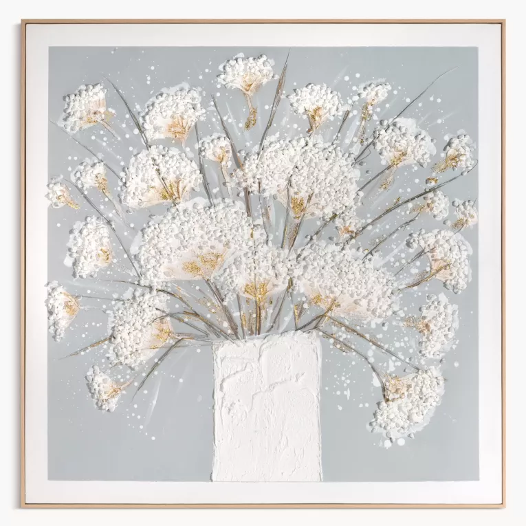 Obraz w kwiaty 3D kremowo, popielaty ręczni malowany na płótnie oprawiony w ramę 102x102 cm