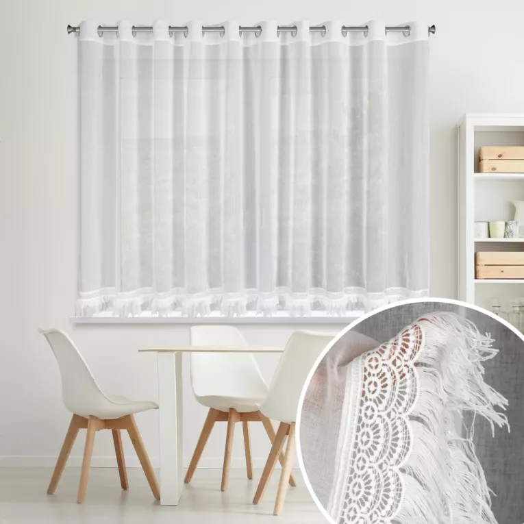 Firana biała z etaminy zdobiona aplikacją z koronki 350x150 cm przelotka KIARA