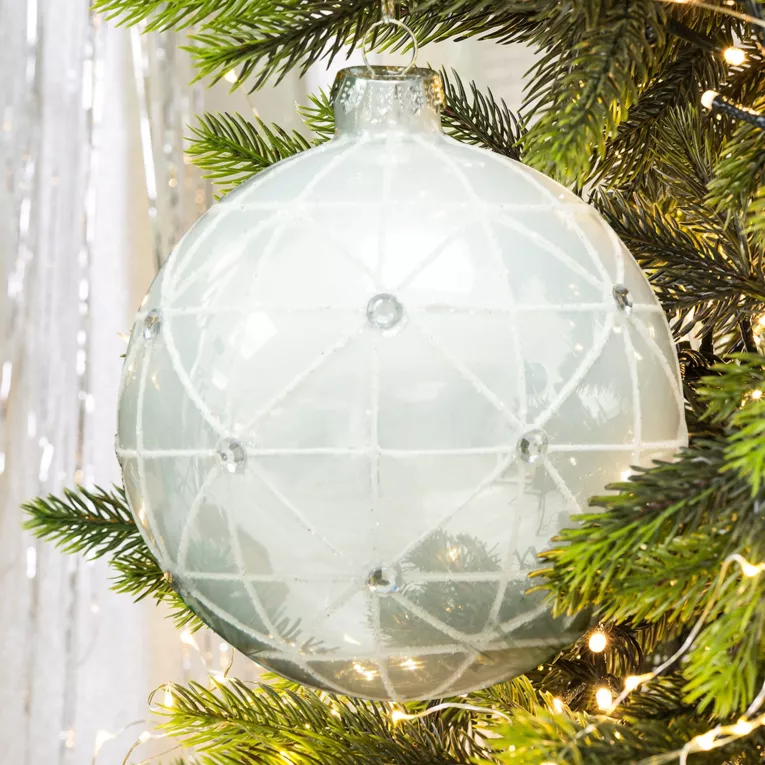 Bombka z szklana ręcznie zdobiona geometryczną aplikacją z brokatu i kryształków w stylu art deco