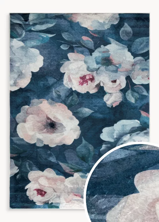 Dywan 50x80 cm ciemnoniebiesko, pudrowy z motywem kwiatu róży LOTUS 5
