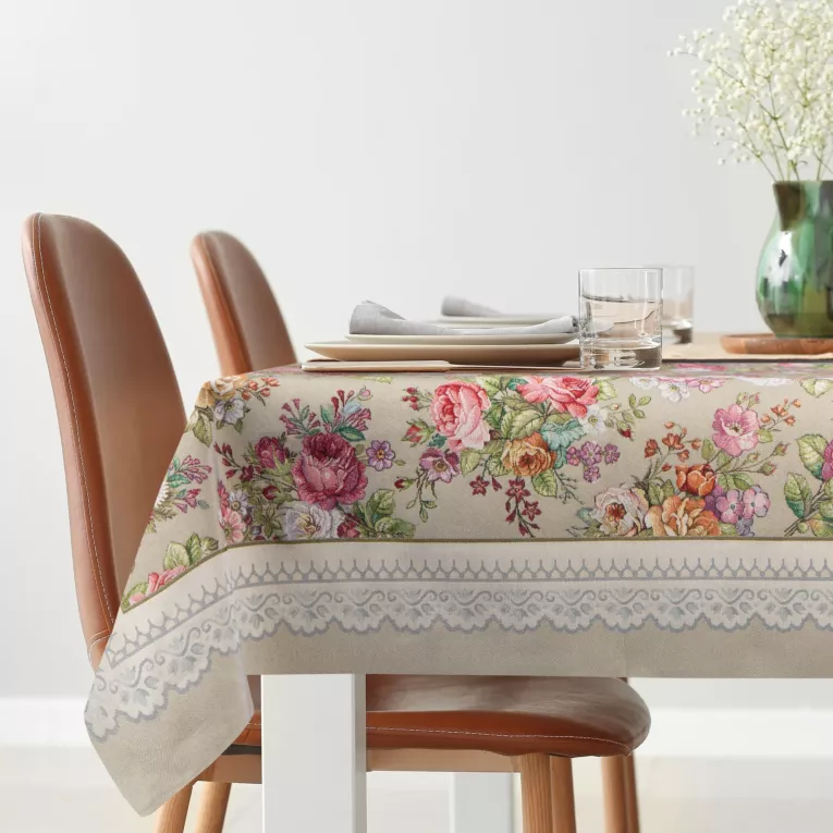 Obrus oliwkowo, różowy 140x180 cm gobelinowy zdobiony tkanym motywem kwiatowym