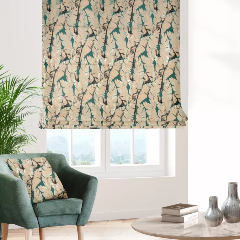 Roleta rzymska turkusowo złota z tkaniny w elegancki roślinny wzór z połyskliwą nicią i efektem 3D Italissima Eva Minge