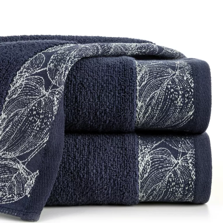 Ręcznik kąpielowy 70x140 cm bawełniany kolor granatowy,srebrny z żakardową bordiurą w liście 400 g/m2 AGIS