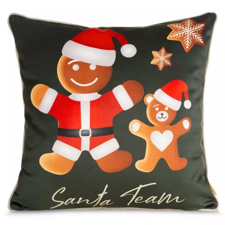 Poszewka na poduszkę 60x60 cm welwetowa, zielono czerwona ze świątecznym motywem pierników GINGER