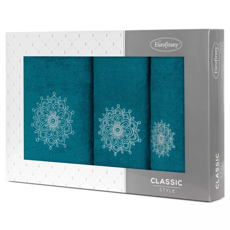 Zestaw ręczników bawełnianych na prezent 3 szt kolor ciemnoturkusowy z haftowanym motywem rozety 380g/m2 ROSETTE