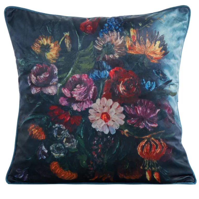 Poszewka na poduszkę 45x45 cm welwetowa, granatowo różowa zdobiona nadrukiem kwiatów i elegancką lamówką VELVET 112
