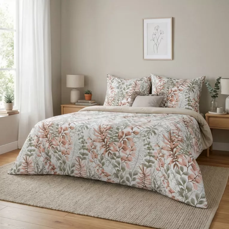 Pościel 160x200 cm komplet 3 częściowy bawełna ranforce kolor pudrowo różowy, biały z motywem roślinnym FREESIA