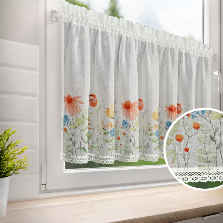 Zazdrostka biało, czerwona z etaminy zdobiona nadrukiem kwiatów i koronką 150x60 cm tunel  NATI