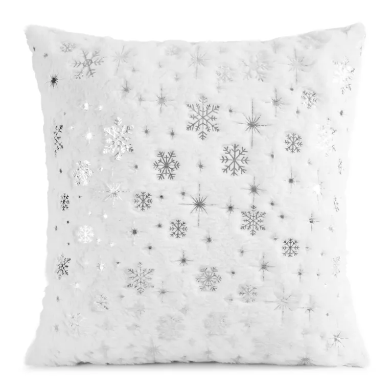 Poszewka na poduszkę świąteczna 45x45 cm biało, srebrna z przyjemnego futerka zdobiona nadrukiem śnieżynek