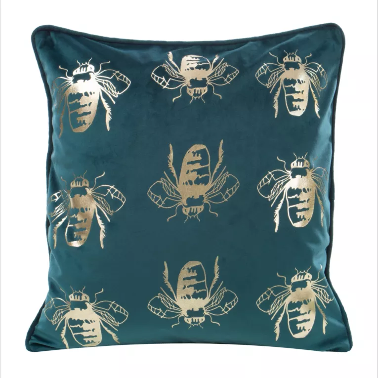 Poszewka na poduszkę 45x45 cm welwetowa kolor ciemnoturkusowy, złocisty z motywem pszczół BILNK