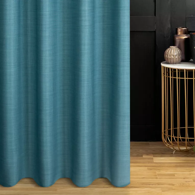 Zasłona szyta na taśmie 5 cm turkusowa z miękkiej tkaniny o naturalnym splocie w stylu ekologicznym