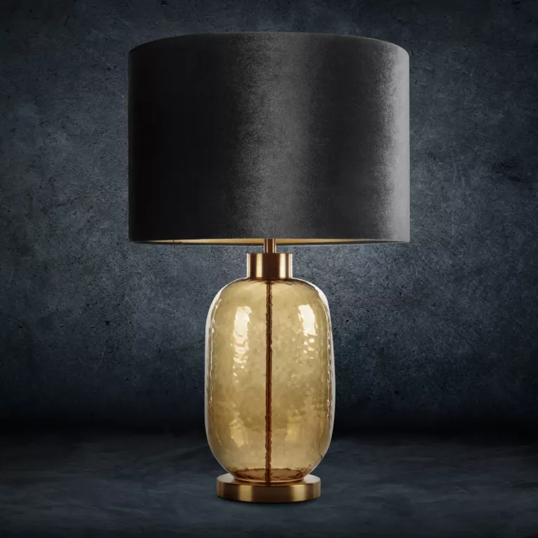 Lampa stołowa do pokoju czarna NELLY na szklanej podstawie z złotego szkła z welwetowym abażurem