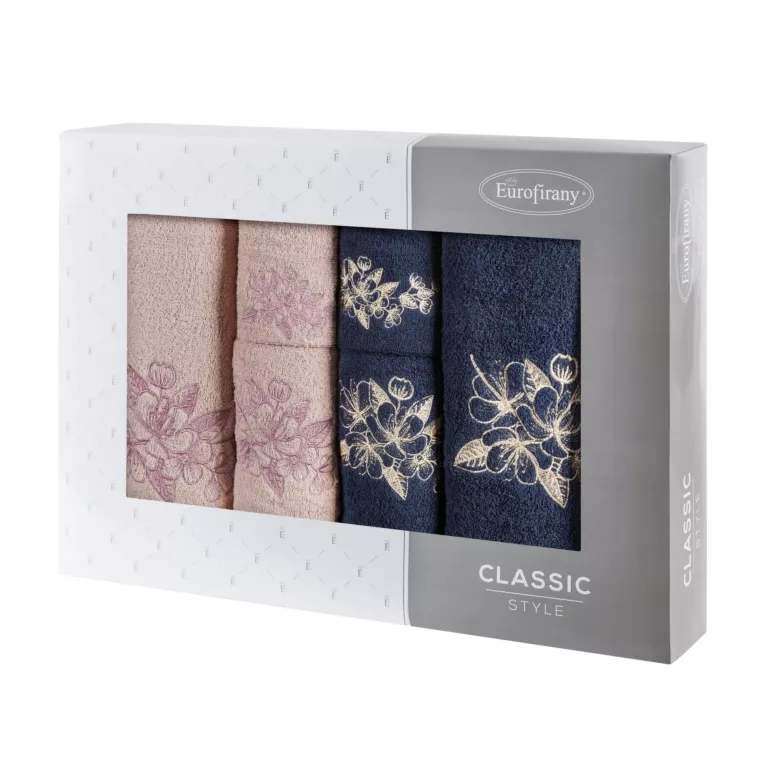 Zestaw ręczników bawełnianych na prezent 6 szt kolor granatowy, pudrowy z haftowanym motywem kwiatu wiśni 400 g/m2 SOFIA