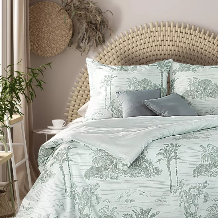 Pościel 160x200 cm bawełniana kolor biały, szałwiowy z motywem palm MONTENEGRO 5 Terra Collection