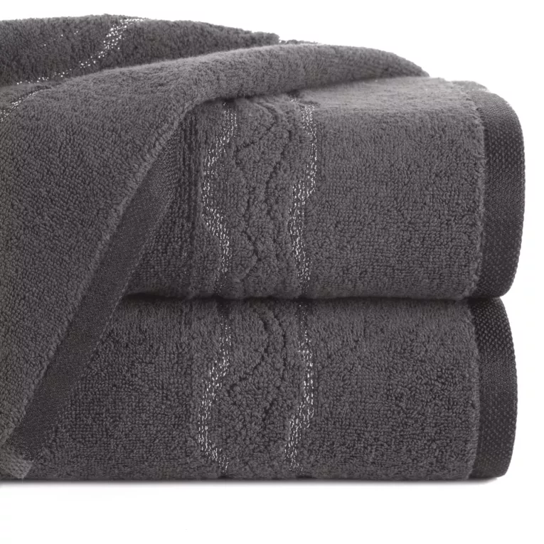 Ręcznik do rąk 30x50 cm bawełniany kolor stalowy zdobiony bordiurą z błyszczącym wzorem 500 g/m2 KARIN