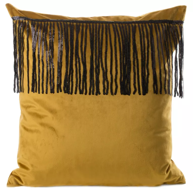 Poszewka na poduszkę 45x45 cm welwetowa miodowa z naszywaną dekoracyjną pasmanterią z cekinami JASPER Eurofirany Premium