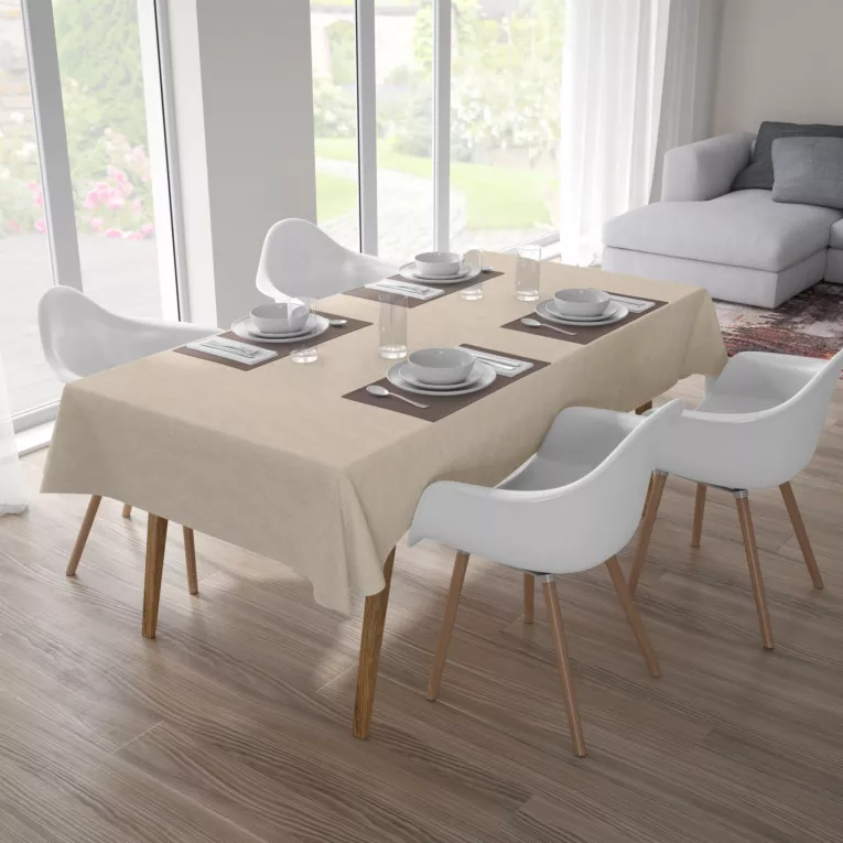 Obrus szyty beżowy z tkaniny zaciemniającej typu dimout o naturalnym splocie, z efektem melanżu