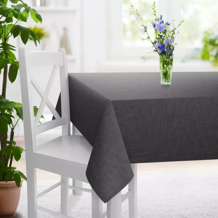 Obrus szyty grafitowy o naturalnym, luźnym splocie w stylu eko