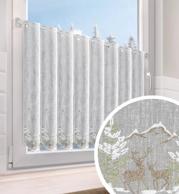 Tkanina firanowa zazdrostka zdobiona świątecznym zimowym haftem z Jelonkami