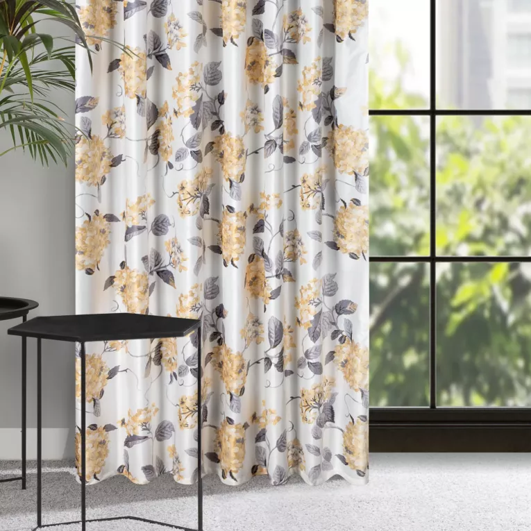 Zasłona welwetowa biało, musztardowa w musztardowe kwiaty 140x270 taśma - ALISON