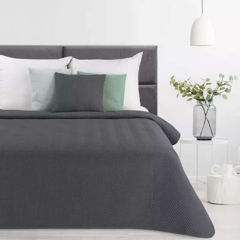 Narzuta  z tkaniny o strukturze lnu grafitowa 170x210 cm pikowana w wzór jodełki LEN Eurofirany Premium