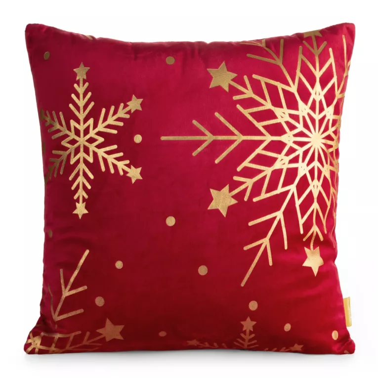 Poszewka na poduszkę świąteczna 45x45 cm  welwetowa czerwona z uroczek nadrukiem szampańskich śnieżynek