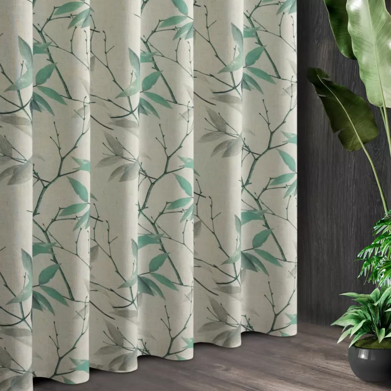Tkanina zasłonowa z dodatkiem lnu, z nadrukiem gałązek, o naturalnym splocie, w stylu eko