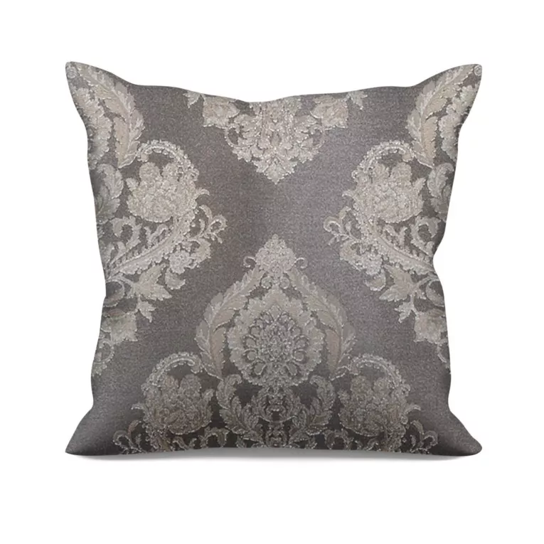 Poszewka szyta popielato szara tkanina w ornamentowy wzór, z dodatkiem połyskującej nici
